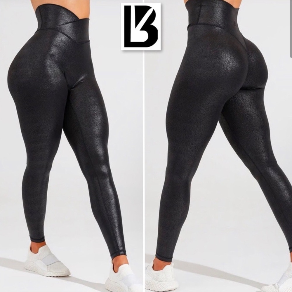 BuffBunny Viper Cross Waist Black Faux Leather High-Waist Leggings Small